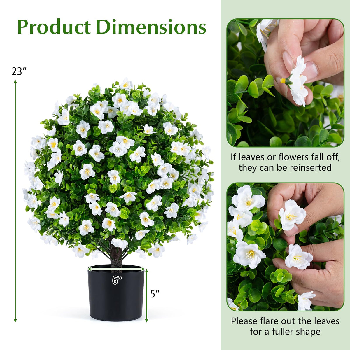 Lucktree 2 Pack Artificial Eucalyptus Topiary Ball Trees w/Flowers & Cement Filled Planter