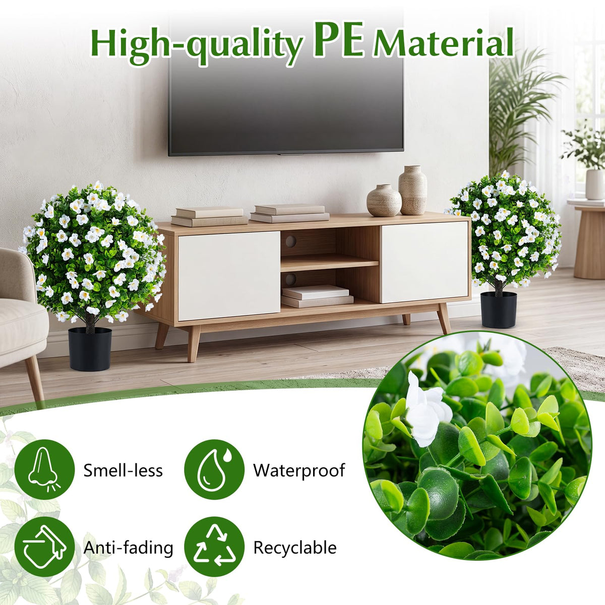 Lucktree 2 Pack Artificial Eucalyptus Topiary Ball Trees w/Flowers & Cement Filled Planter