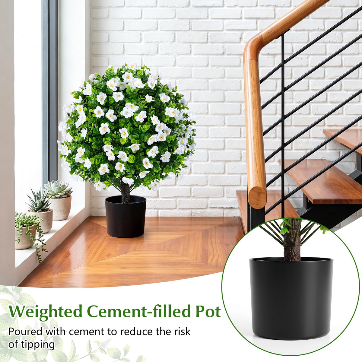 Lucktree 2 Pack Artificial Eucalyptus Topiary Ball Trees w/Flowers & Cement Filled Planter