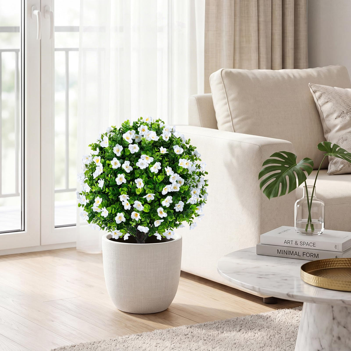 Lucktree 2 Pack Artificial Eucalyptus Topiary Ball Trees w/Flowers & Cement Filled Planter