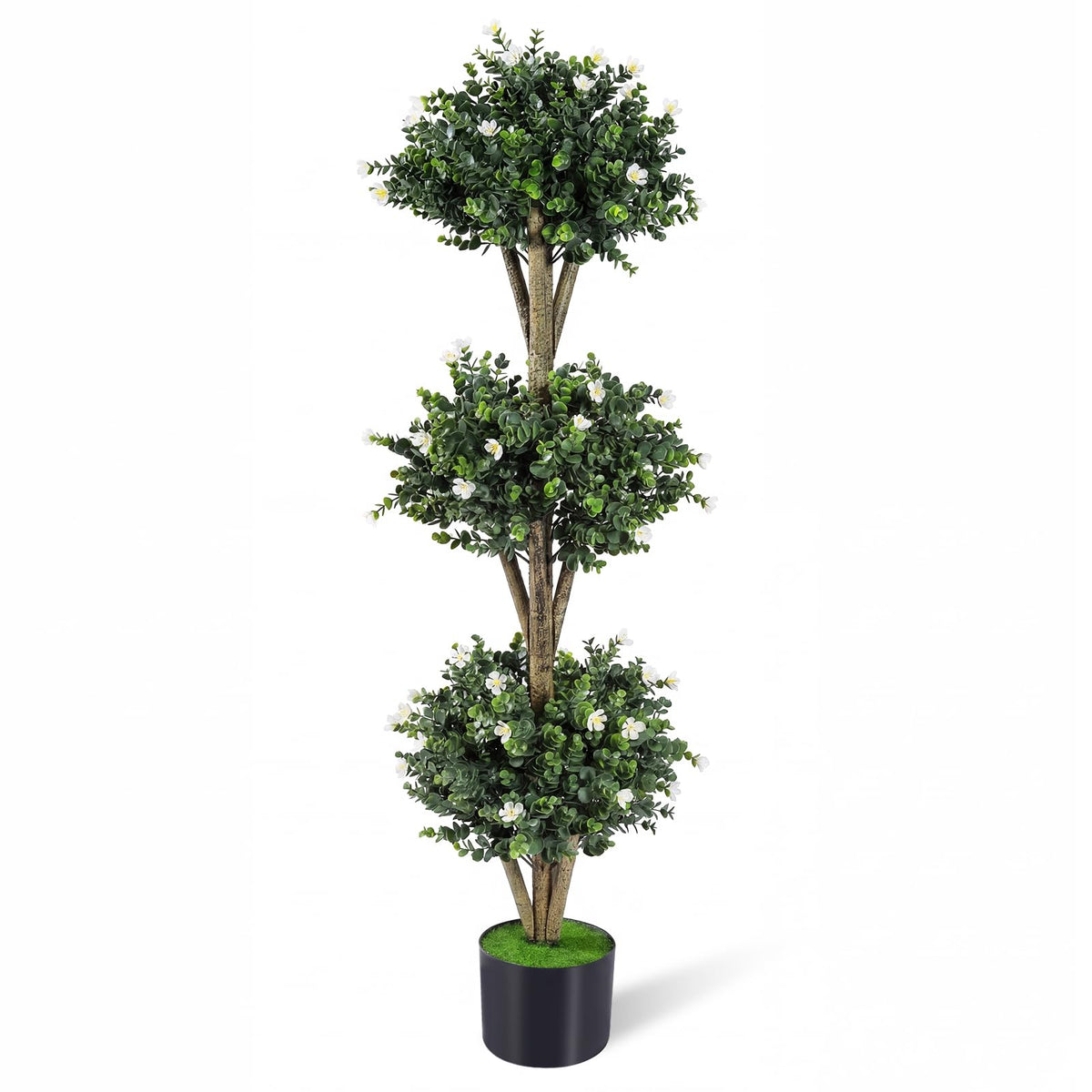 Lucktree 51" Artificial Triple Ball Boxwood Topiary Tree with 59 Blossoms & Cement-Filled Plastic Pot