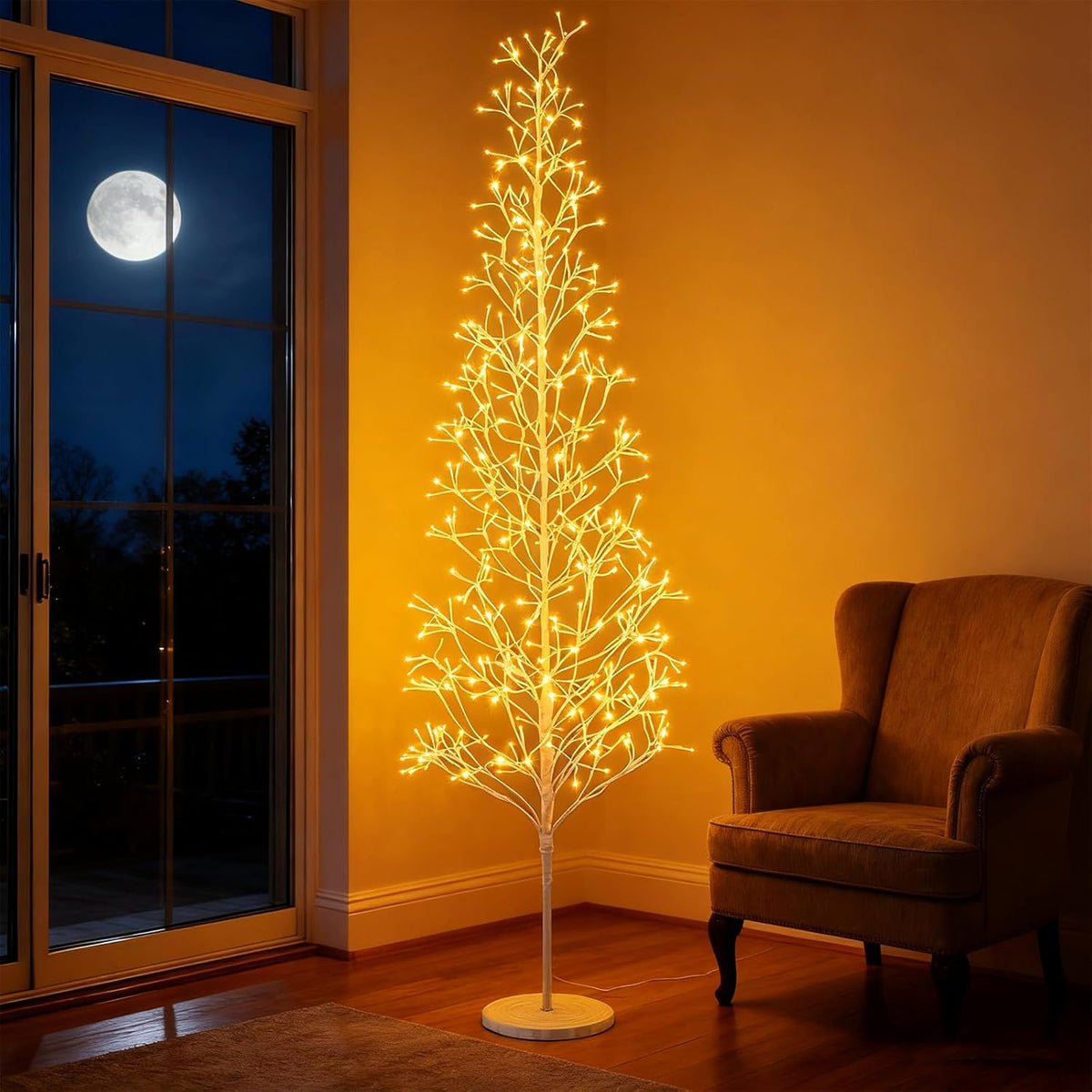 Lucktree LED Birch Tree, 5/6/7 FT Pre-lit Twig Tree with Warm White Light LED Lights, Weighted Base