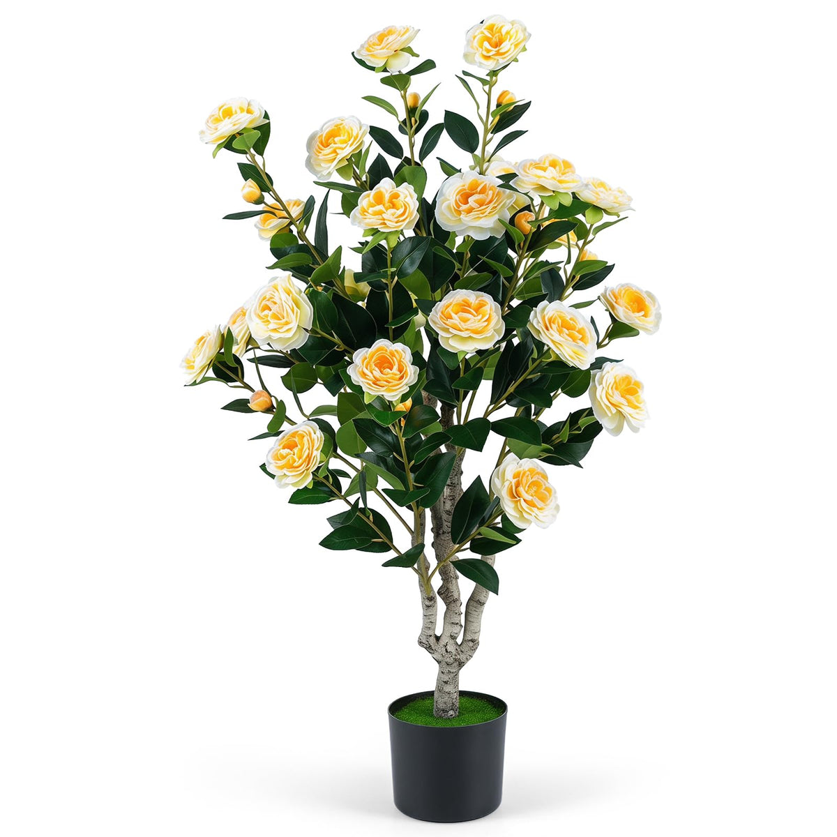 Lucktree 39.5" Artificial Camellia Tree | Faux Flower Plant Tree in Cement-Filled Pot with Blossoms
