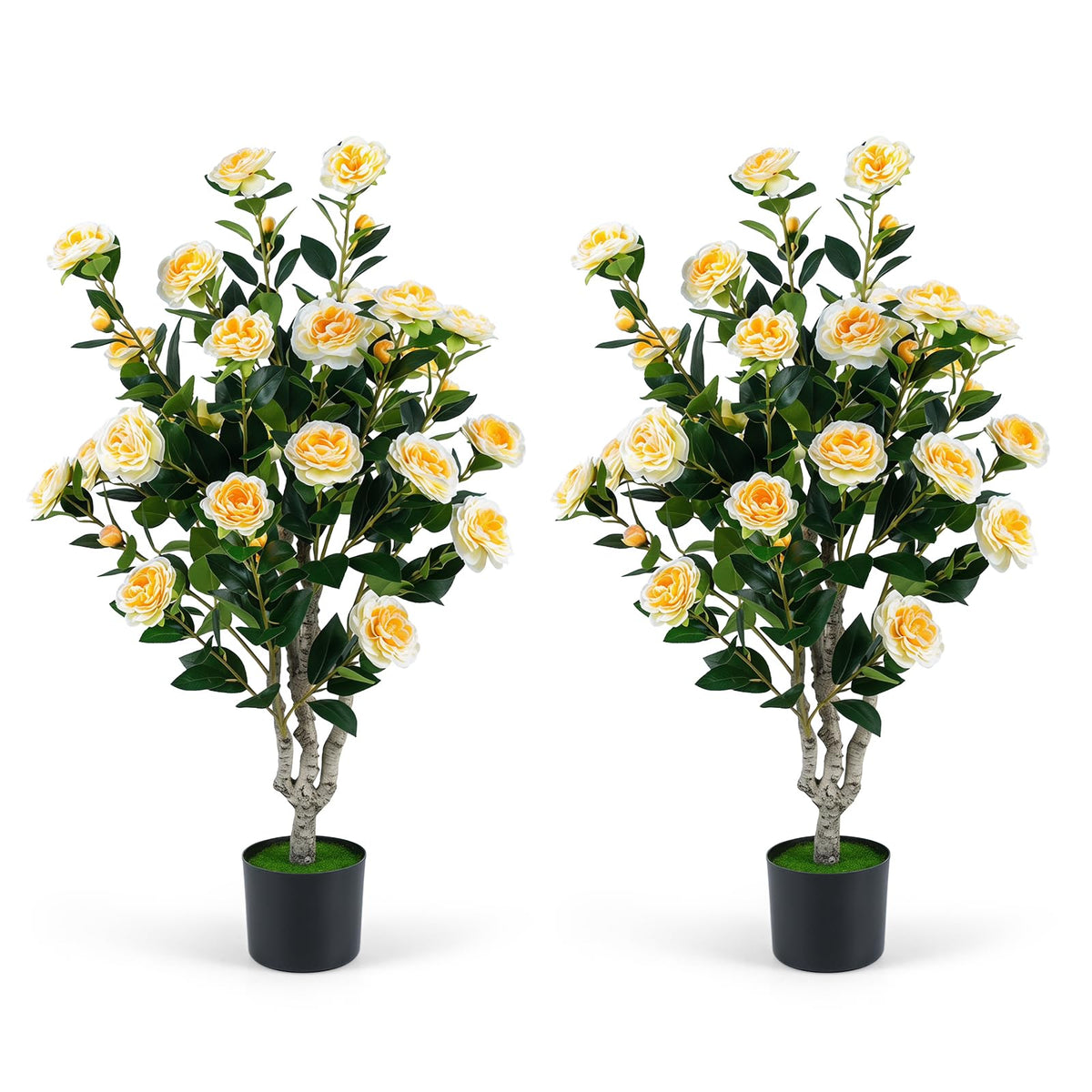 Lucktree 39.5" Artificial Camellia Tree | Faux Flower Plant Tree in Cement-Filled Pot with Blossoms