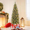 6FT/9FT Pre-Lit Pencil Christmas Tree, Snowy Artificial Christmas Tree with 1298 Branch Tips & 500 LED Lights