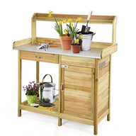 Wooden Potting Bench Table, Outdoor Garden Planting Table with Cabinet Drawer