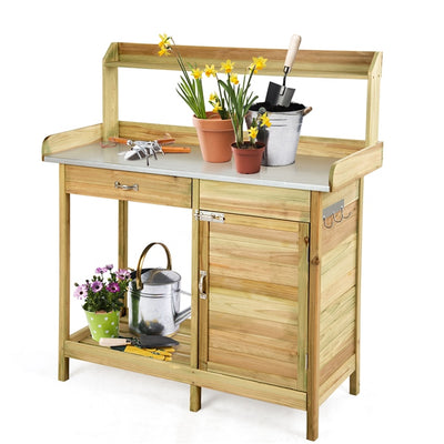 Wooden Potting Bench Table, Outdoor Garden Planting Table with Cabinet Drawer