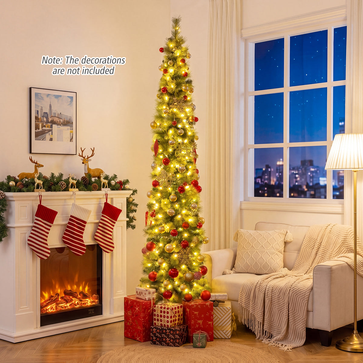 7FT Pre-lit Pencil Christmas Tree, Slim Artificial Xmas Tree with 150 Warm White LED Lights