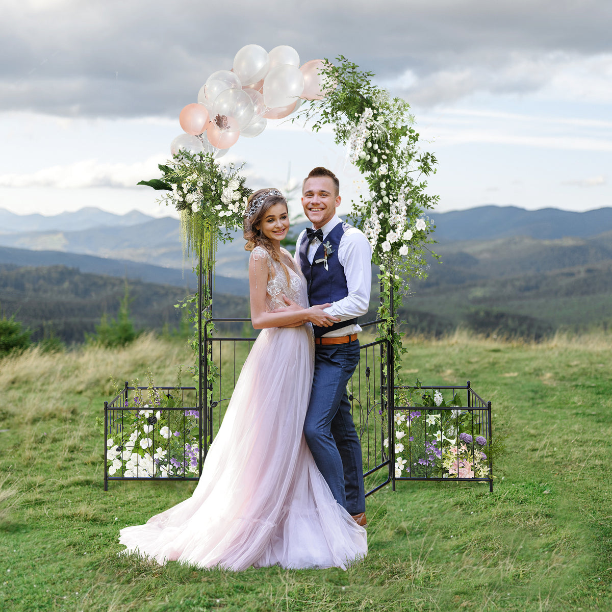 87" Steel Garden Arch with Planter Beds, Dig-Free Wedding Arbor w/Lockable Gates for Vines