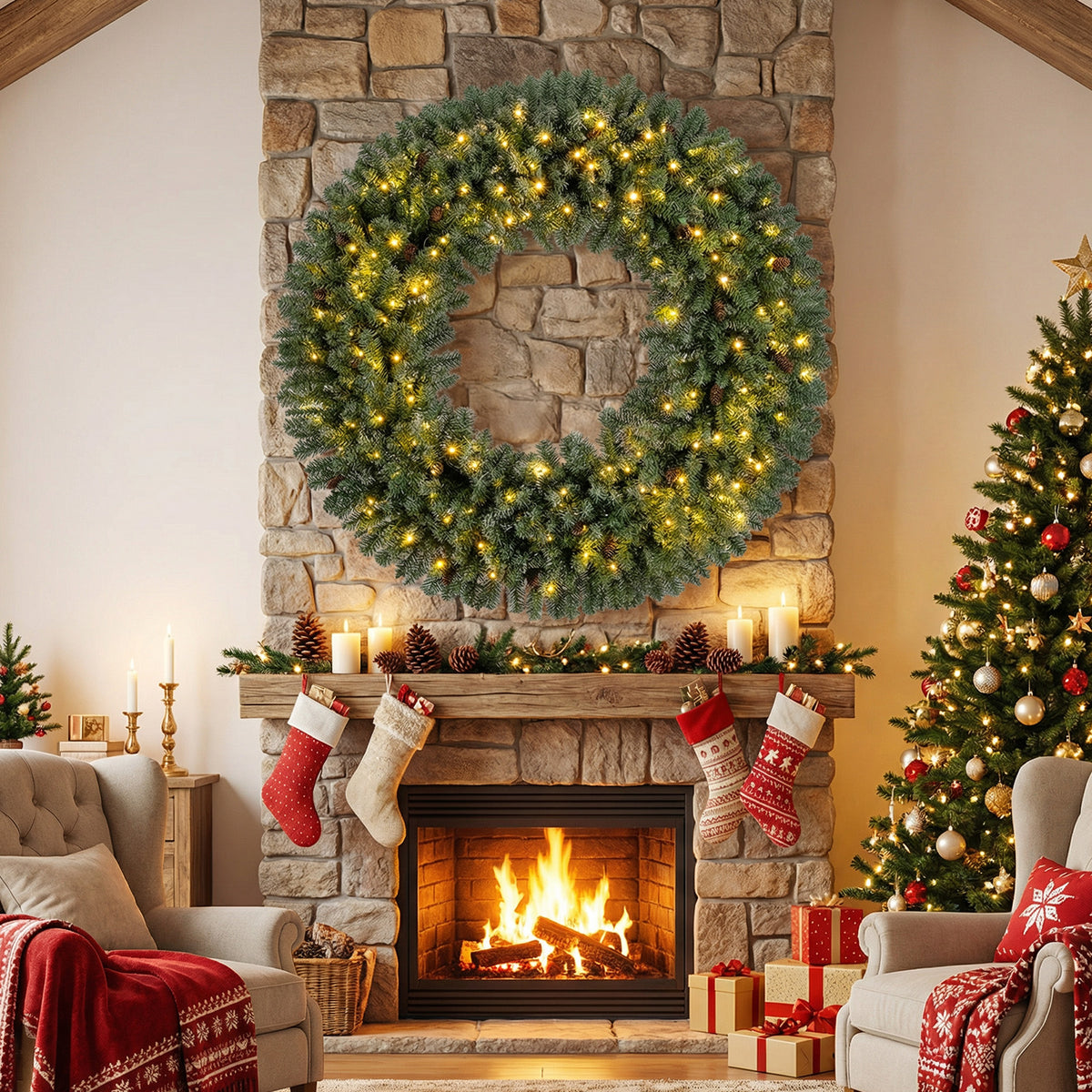 60” Large Pre-lit Christmas Wreath, Artificial Christmas Wreath with 680 Snowy Branch Tips
