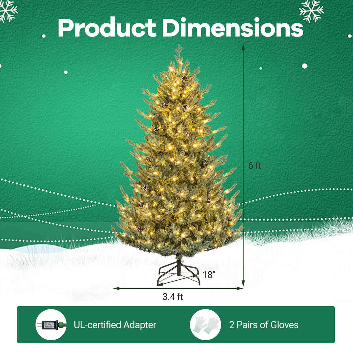 7.5FT Pre-lit Artificial Christmas Tree, Hinged Xmas Tree with 1306 Branch Tips