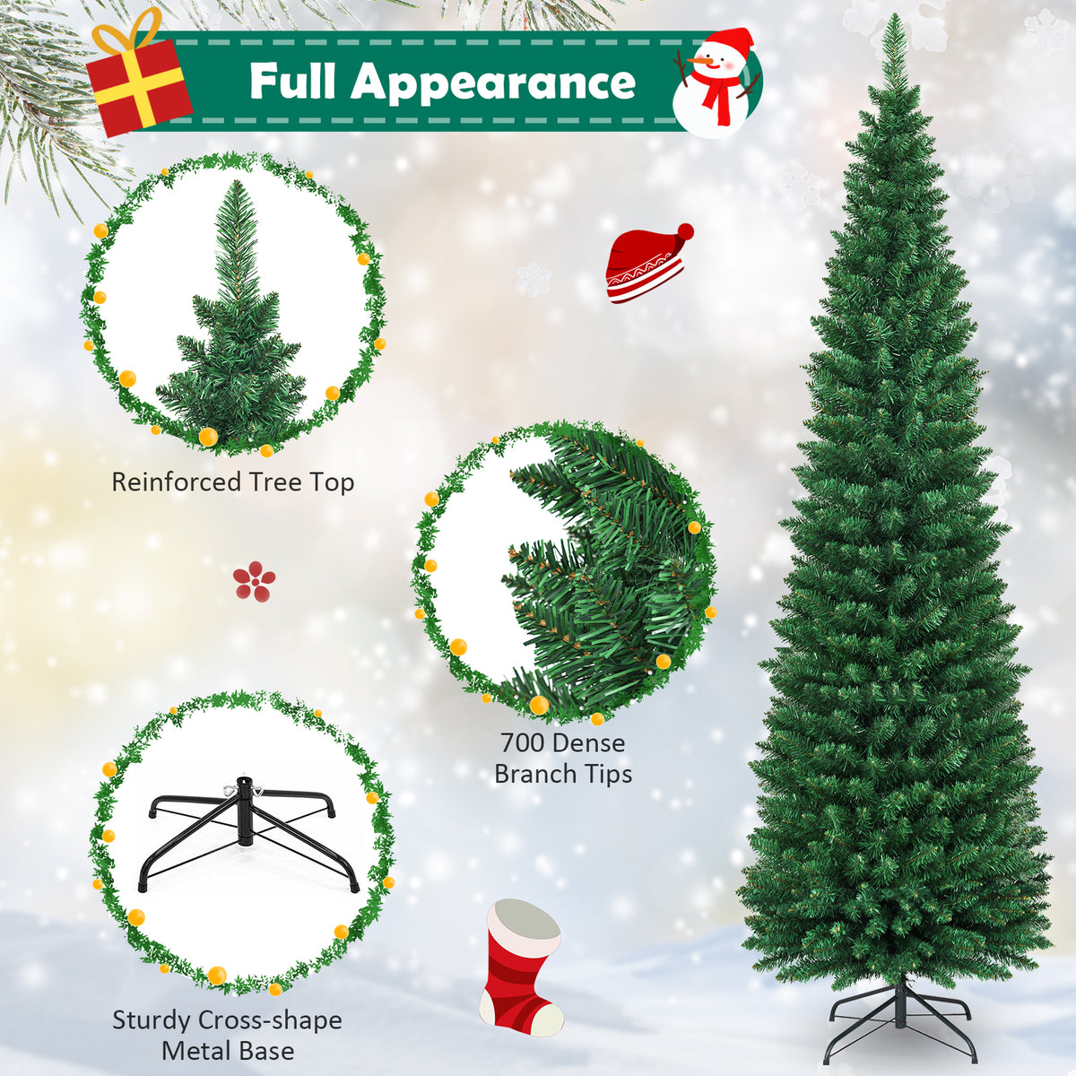 5/6/7/8/9 FT Slim Pencil Artificial Christmas Tree, Unlit Green Xmas Tree with Lush PVC Branch Tips