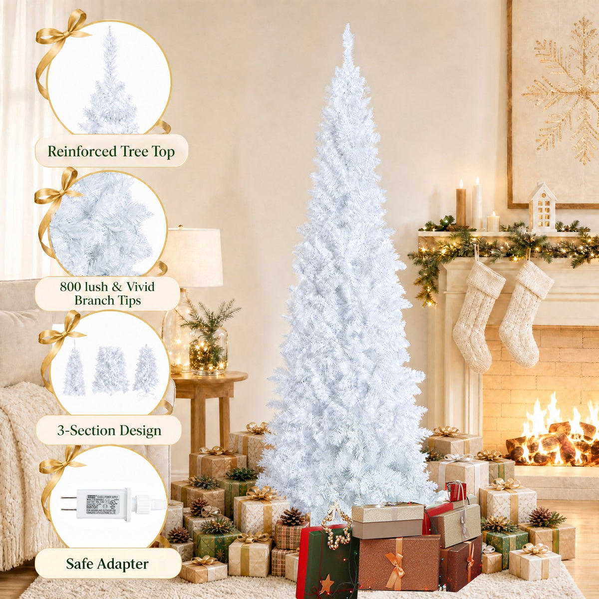 7 FT Christmas Pencil Tree, Hinged Holiday Tree with 300 Warm White LED Lights