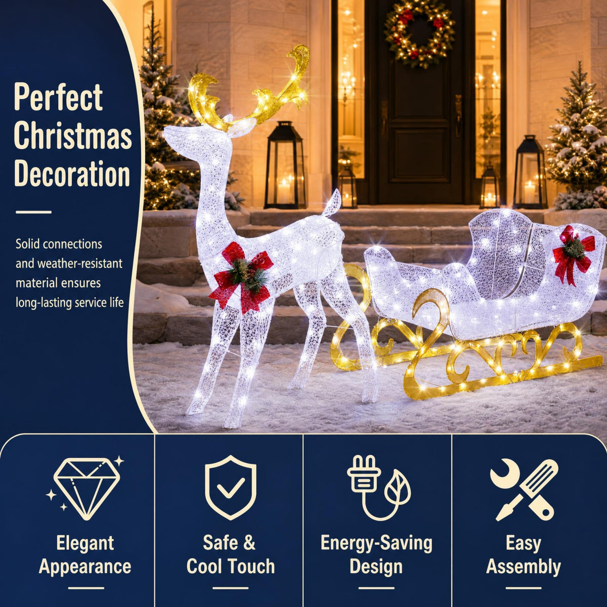Pre-lit Artificial Christmas Decoration, Lighted Christmas Reindeer and Sleigh with LED Lights