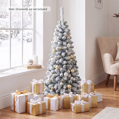 4.5/6/7.5 FT Snow-Flocked Christmas Tree, Artificial Pencil Xmas Tree with 244/502/641 PVC Branch Tips