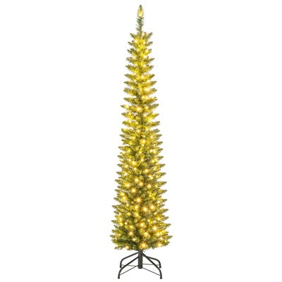 7FT Pre-Lit Pencil Christmas Tree, Slim Artificial Xmas Tree with Folding Metal Stand