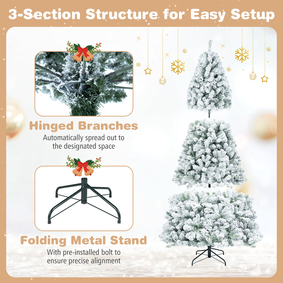 7/6/8 FT Snow-Flocked Artificial Christmas Tree, Pre-lit Xmas Tree