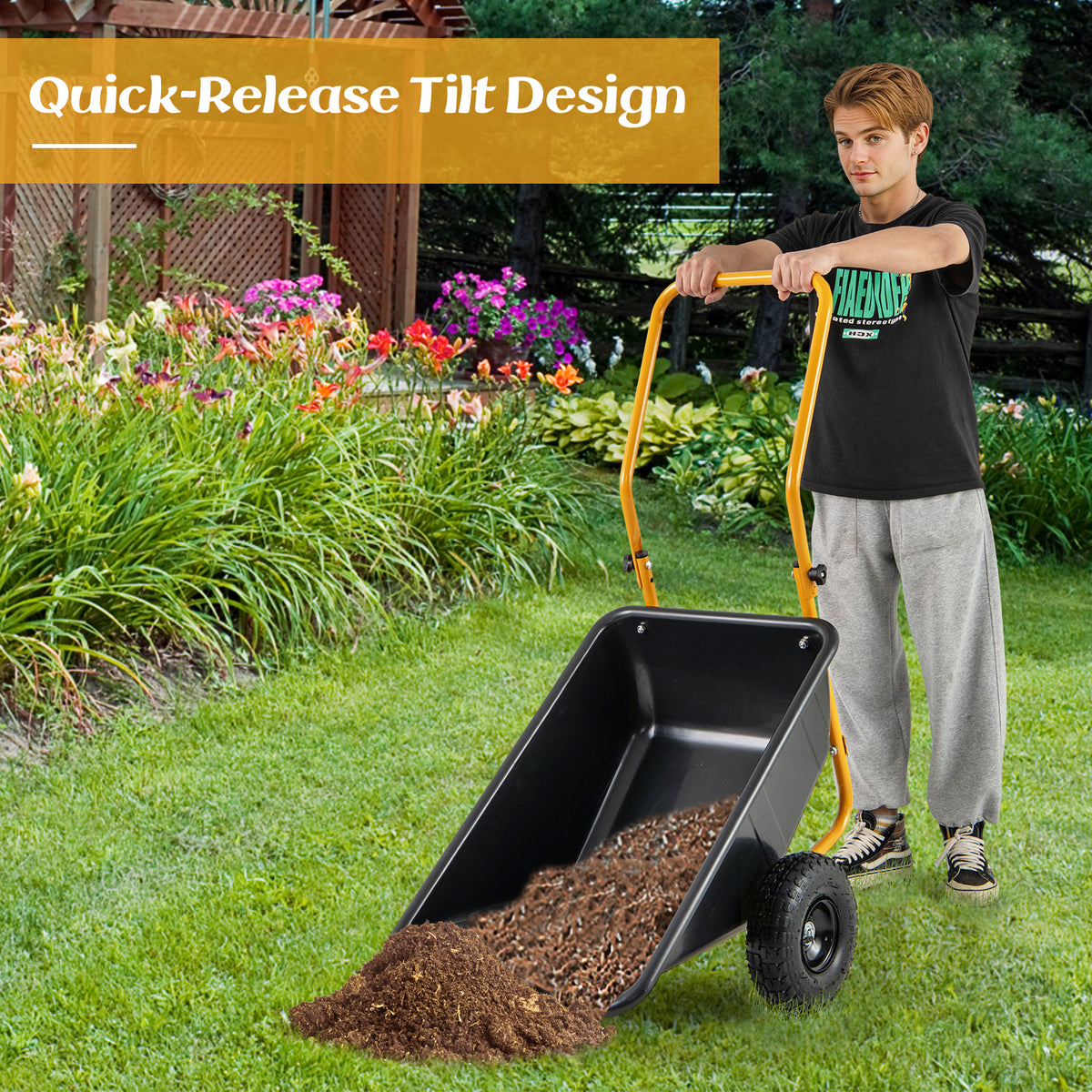 21-Gallon Dual-Wheel Wheelbarrow, Heavy-Duty Utility Cart with Pneumatic Tires and Foldable Handle