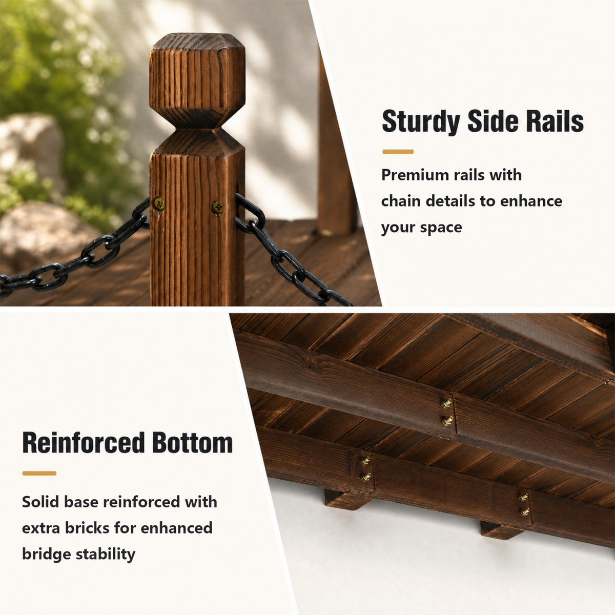 150cm Wooden Bridge, Arc Footbridge w/Safe Chain Railings, Outside Small Arc Pond Bridge