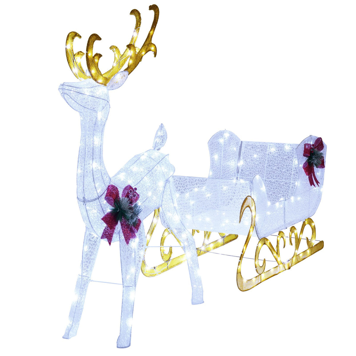 Pre-lit Artificial Christmas Decoration, Lighted Christmas Reindeer and Sleigh with LED Lights