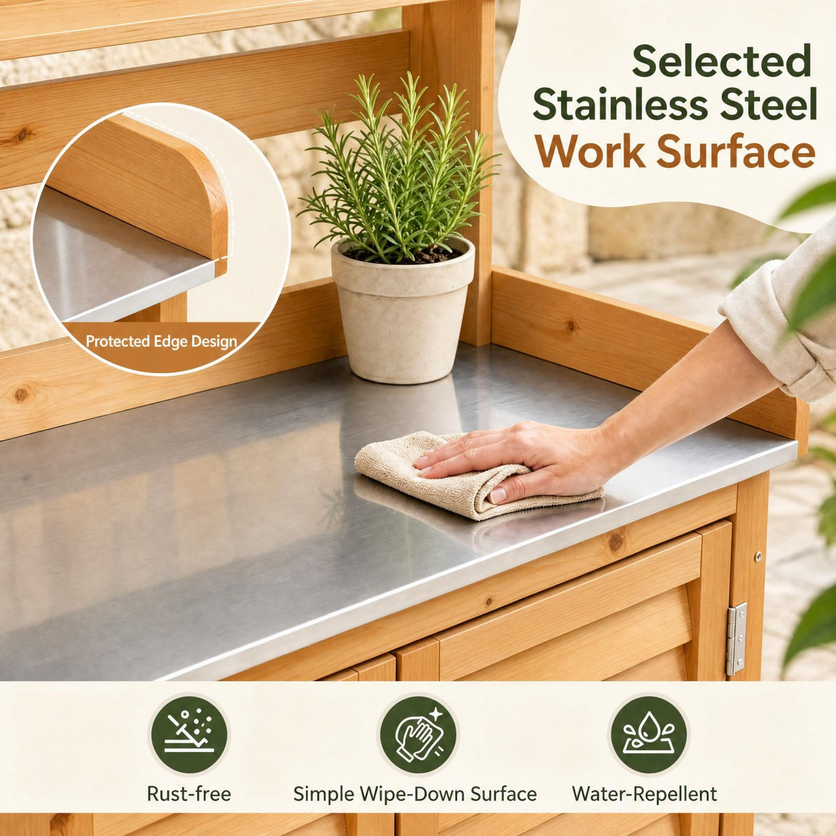 Garden Potting Bench Table, Wood Plant Workstation w/ Stainless Steel Tabletop