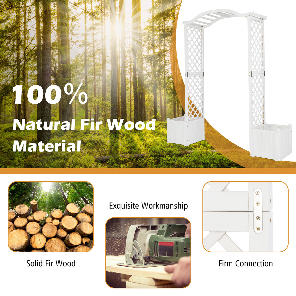 Wooden Garden Arbor with Planter Boxes, White Trellis Archway for Climbing Plants & Decorations