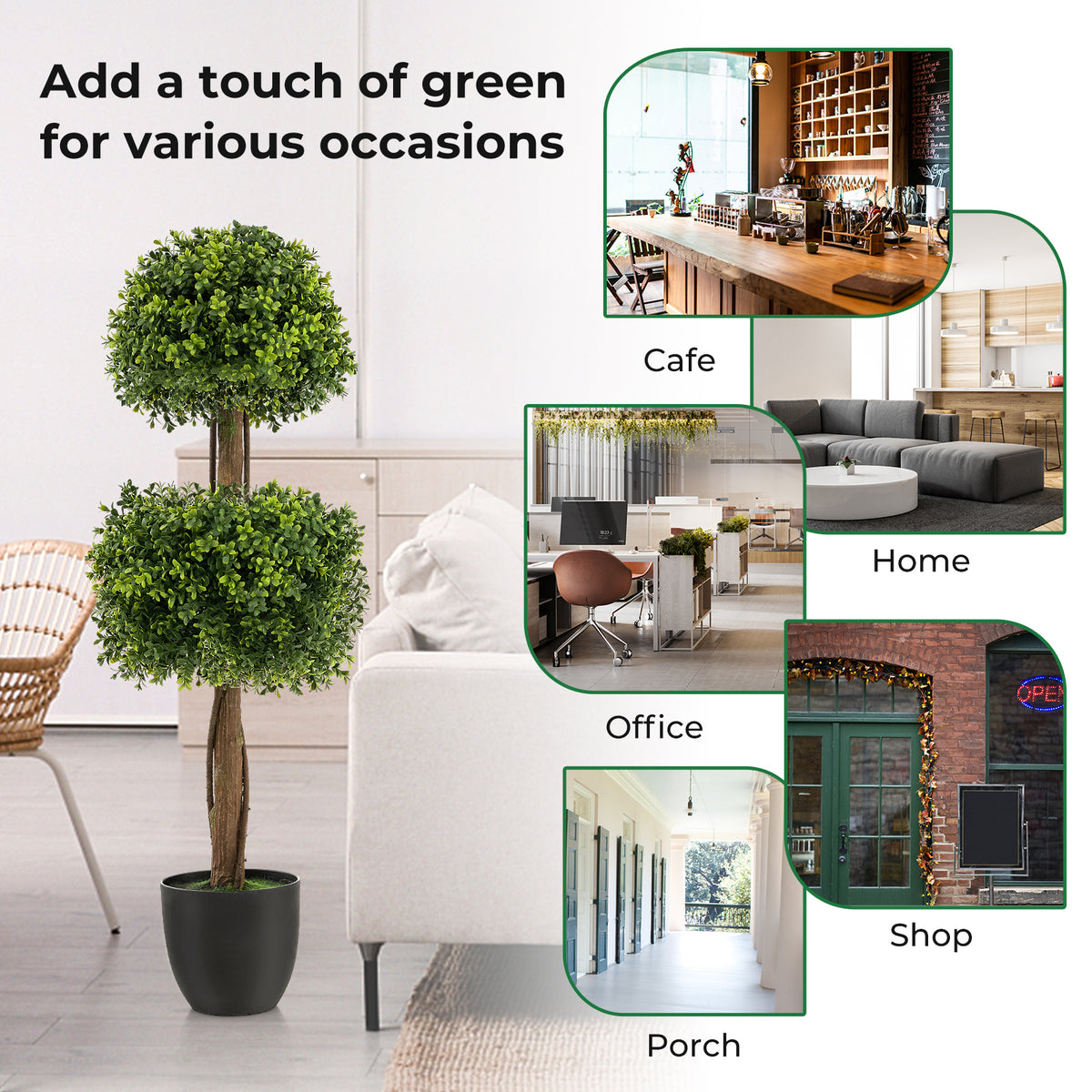 40" Artificial Boxwood Topiary Ball Tree, Double Ball Boxwood Plant with Cement-Filled Plastic Pot