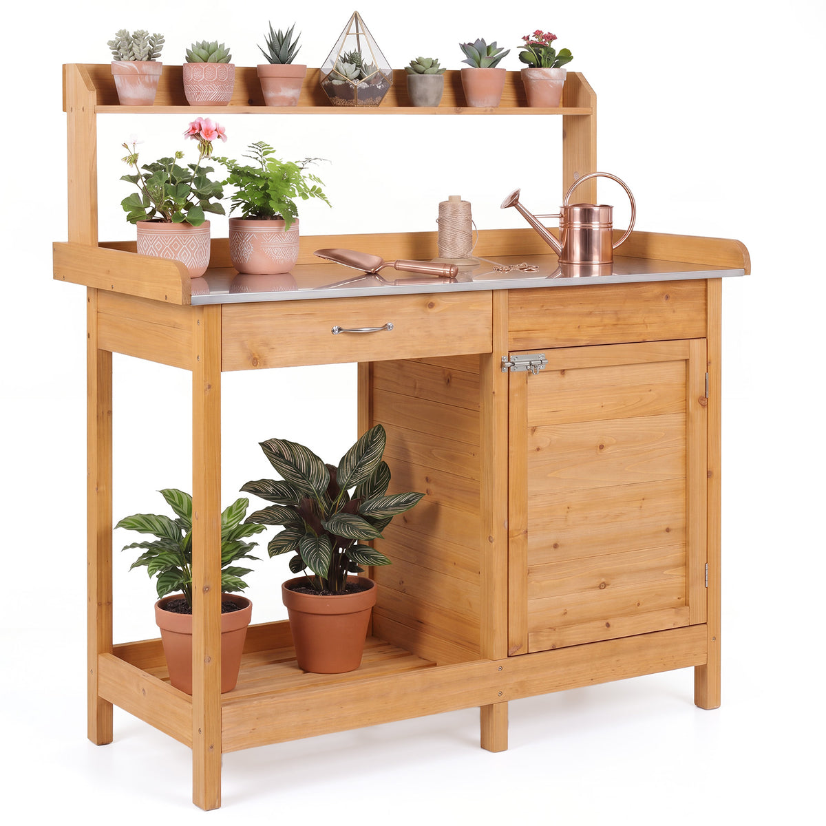 Wooden Potting Bench Table, Outdoor Garden Planting Table with Cabinet Drawer
