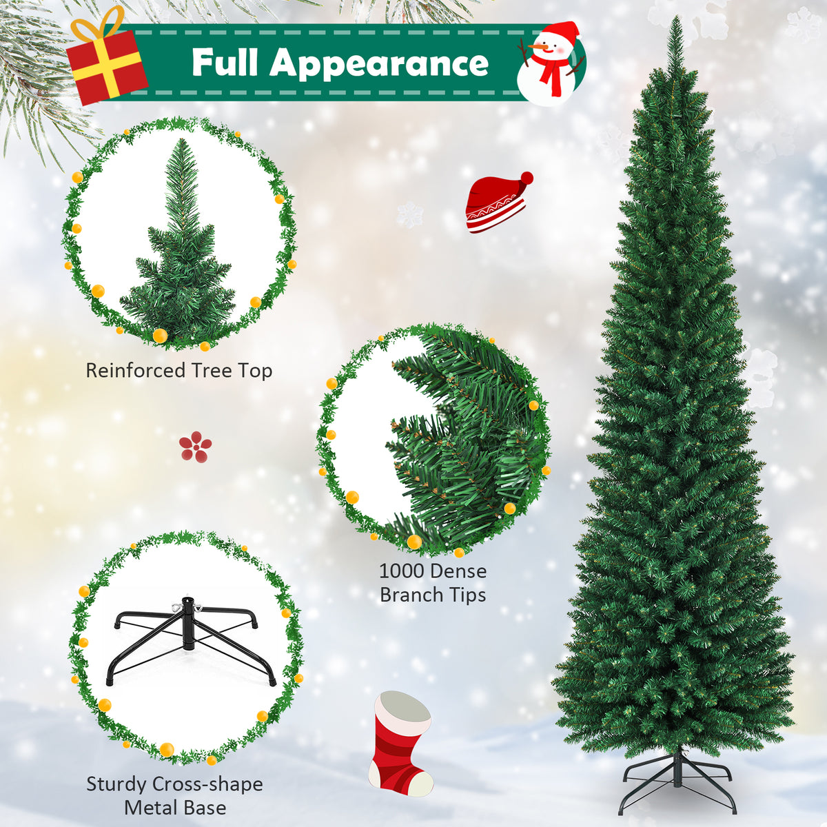 8 FT Slim Pencil Artificial Christmas Tree Unlit Green with Metal Stand