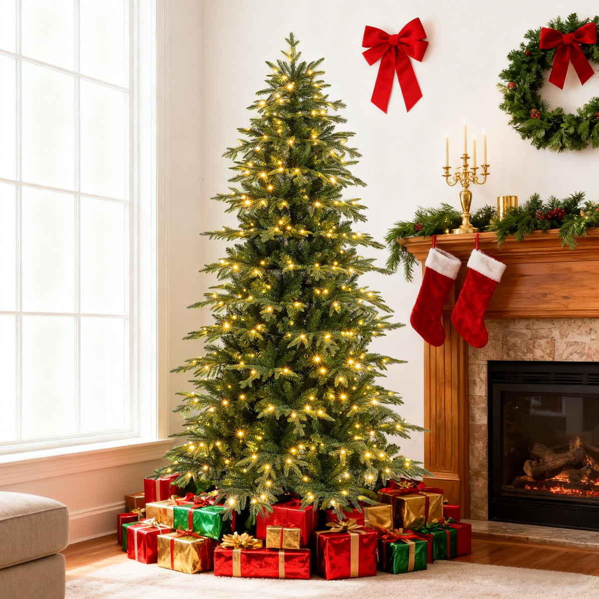 7.5FT Pre-lit Artificial Christmas Tree, Hinged Xmas Tree with 1195 Branch Tips