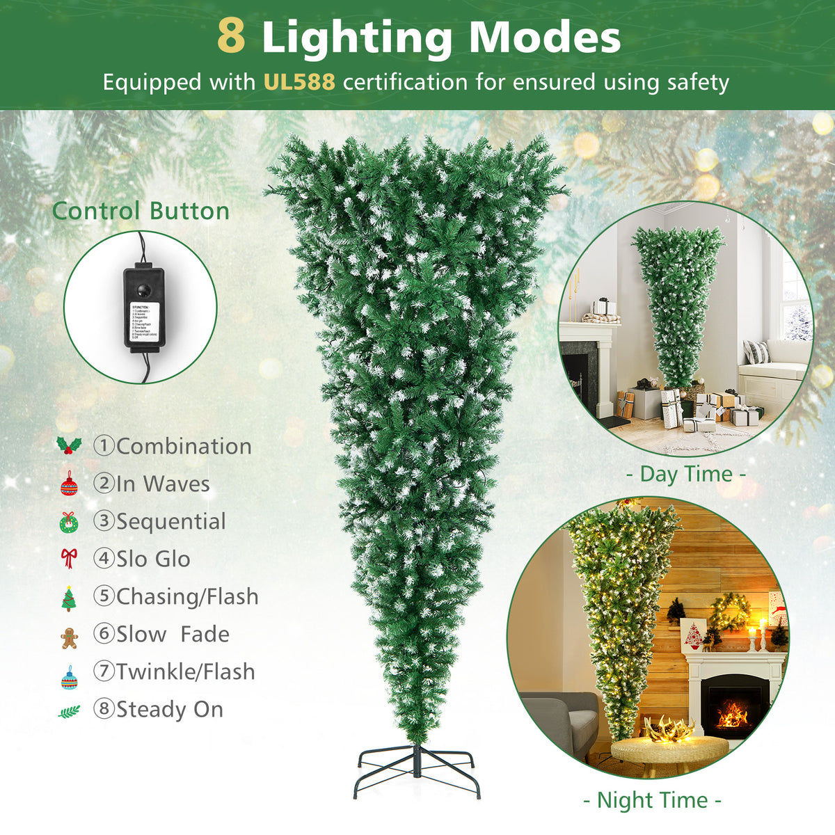 7.5 FT Pre-lit Upside Down Christmas Tree, Snow Flocked Artificial Xmas Tree with 1100 PVC Branch Tips