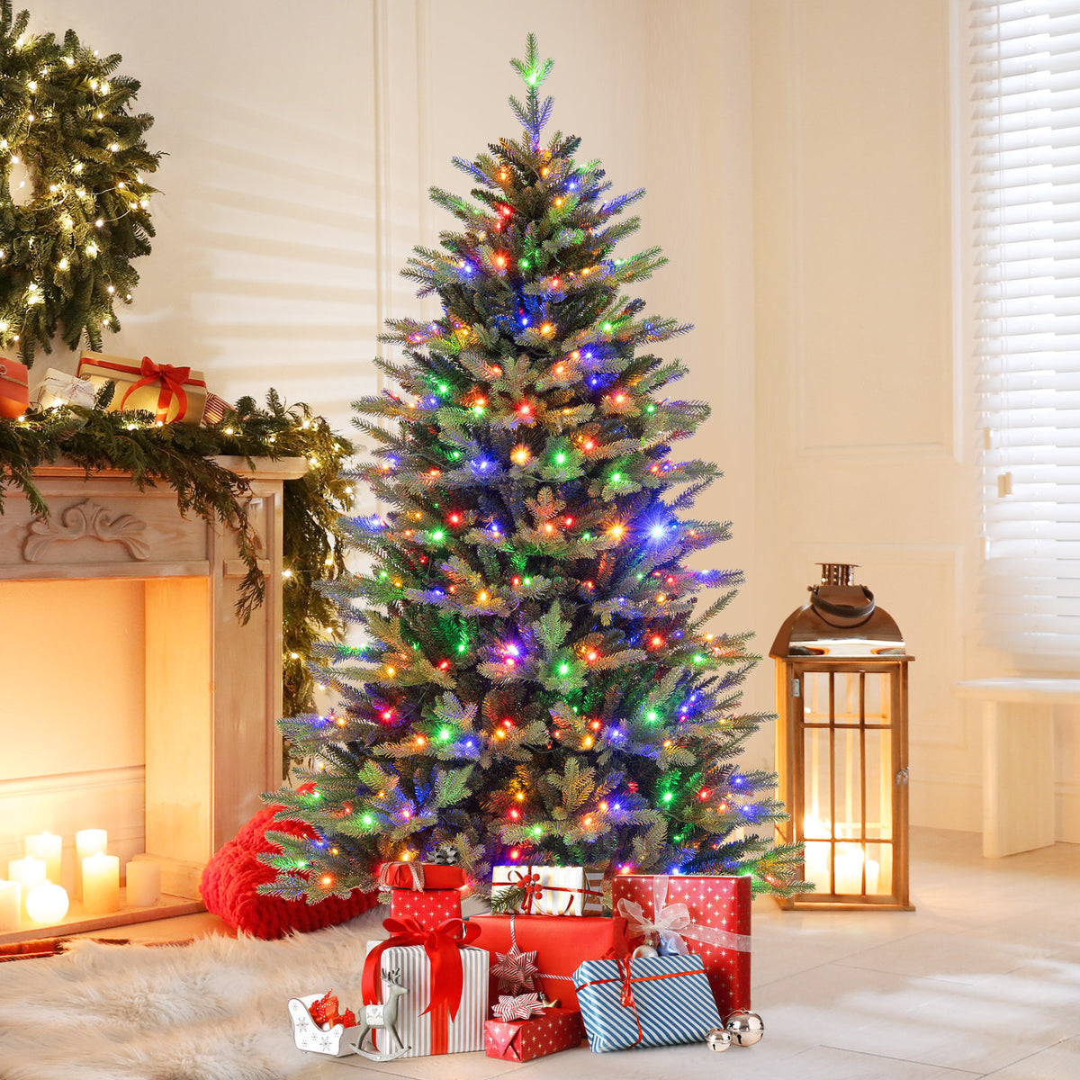 6FT Prelit Artificial Christmas Tree, Hinged Christmas Tree with 350 LED Lights