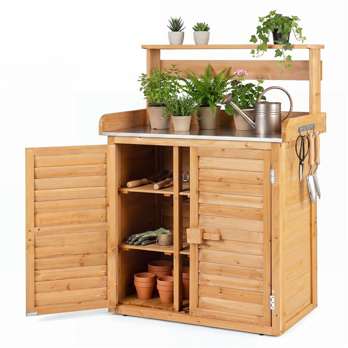 Garden Potting Bench Table, Wood Plant Workstation w/ Stainless Steel Tabletop