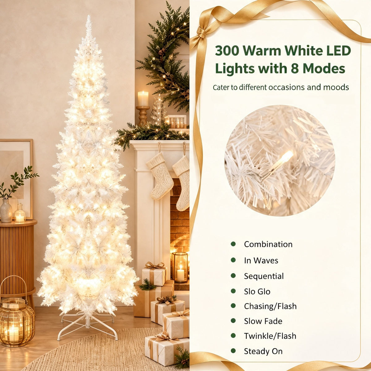 7 FT Christmas Pencil Tree, Hinged Holiday Tree with 300 Warm White LED Lights