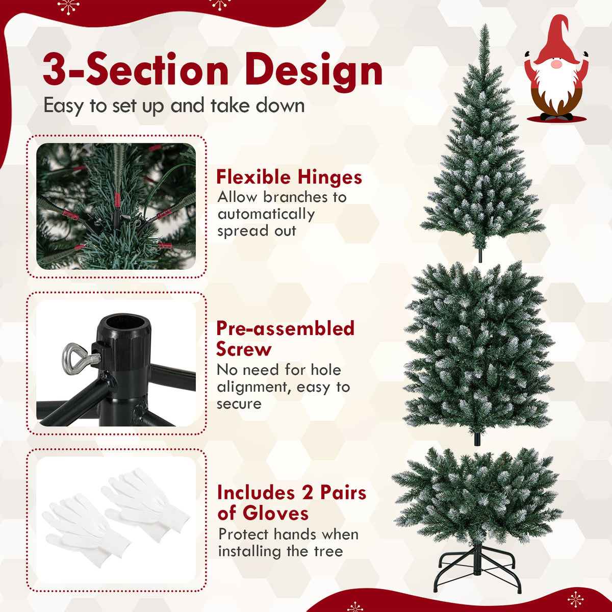 6FT/9FT Pre-Lit Pencil Christmas Tree, Snowy Artificial Christmas Tree with 1298 Branch Tips & 500 LED Lights