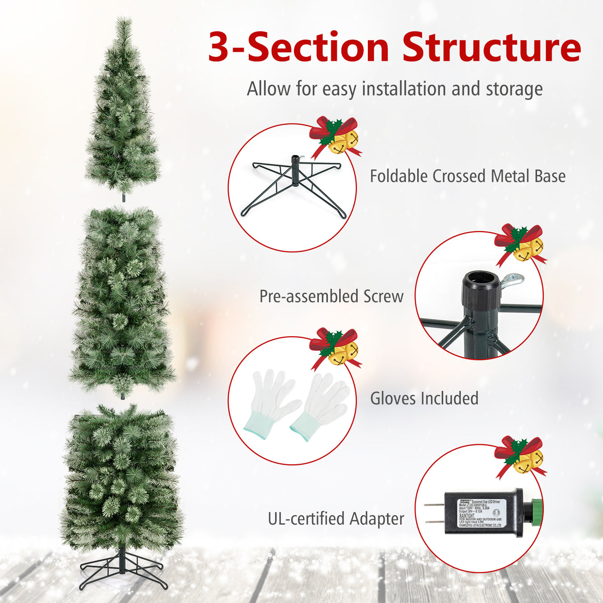 7FT Pre-lit Pencil Christmas Tree, Slim Artificial Xmas Tree with 150 Warm White LED Lights