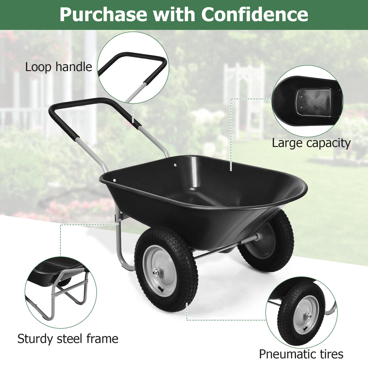 Garden Cart Wheelbarrow, 2-Wheel Outdoor Trolley with Metal Frame, 14" Pneumatic Tires