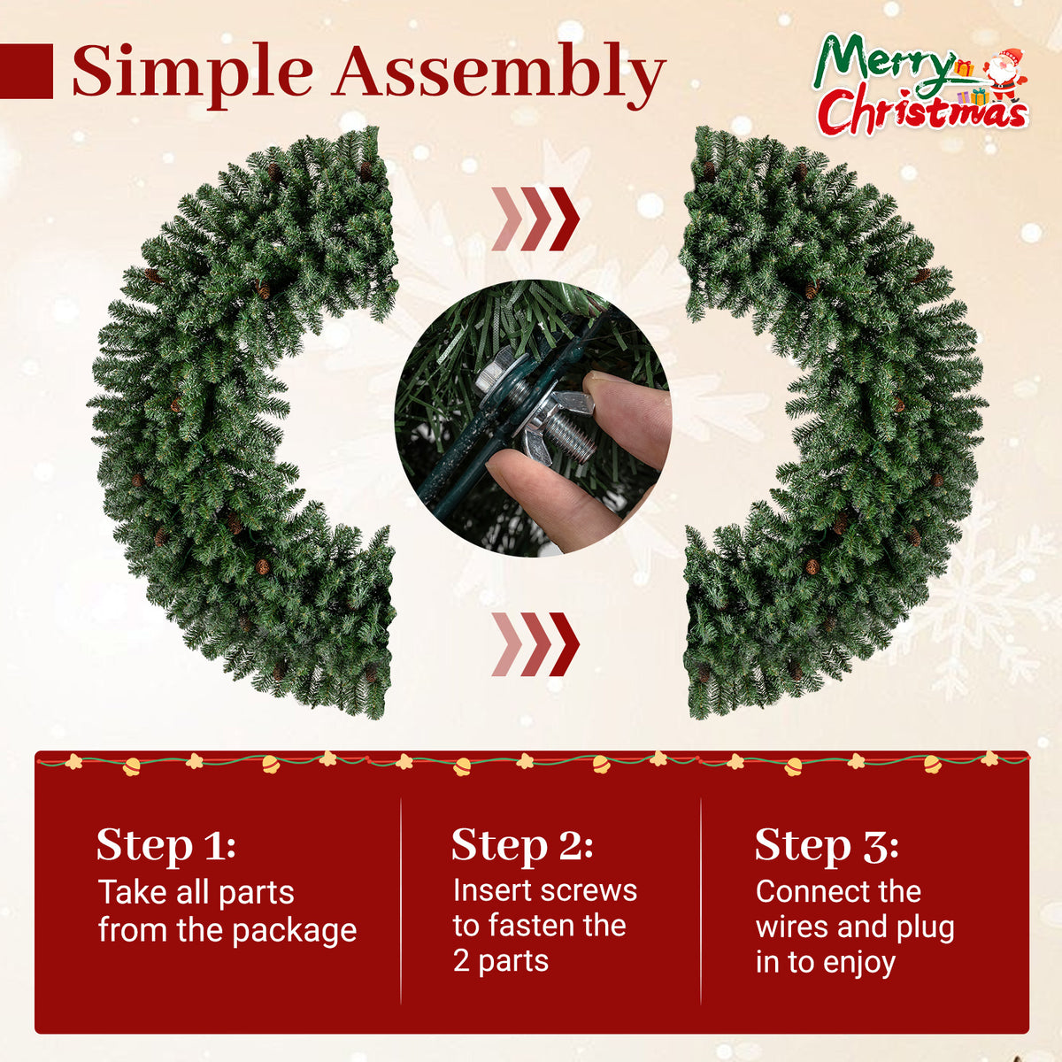 60” Large Pre-lit Christmas Wreath, Artificial Christmas Wreath with 680 Snowy Branch Tips