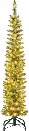 7FT Pre-Lit Pencil Christmas Tree, Slim Artificial Xmas Tree with Folding Metal Stand