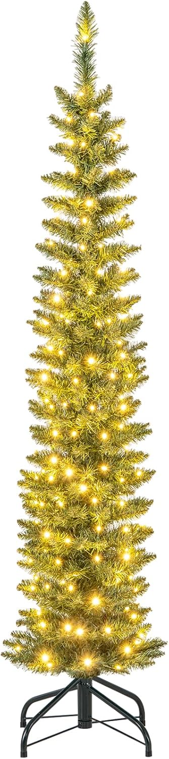 7FT Pre-Lit Pencil Christmas Tree, Slim Artificial Xmas Tree with Folding Metal Stand