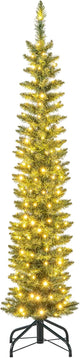 7FT Pre-Lit Pencil Christmas Tree, Slim Artificial Xmas Tree with Folding Metal Stand
