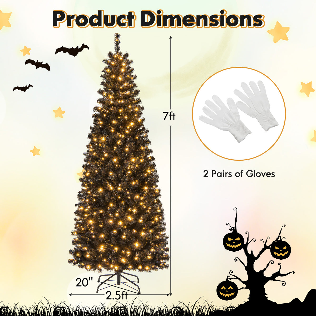 6FT Prelit Pencil Black Christmas Tree, Artificial Slim Xmas Tree with 618 Branch Tips