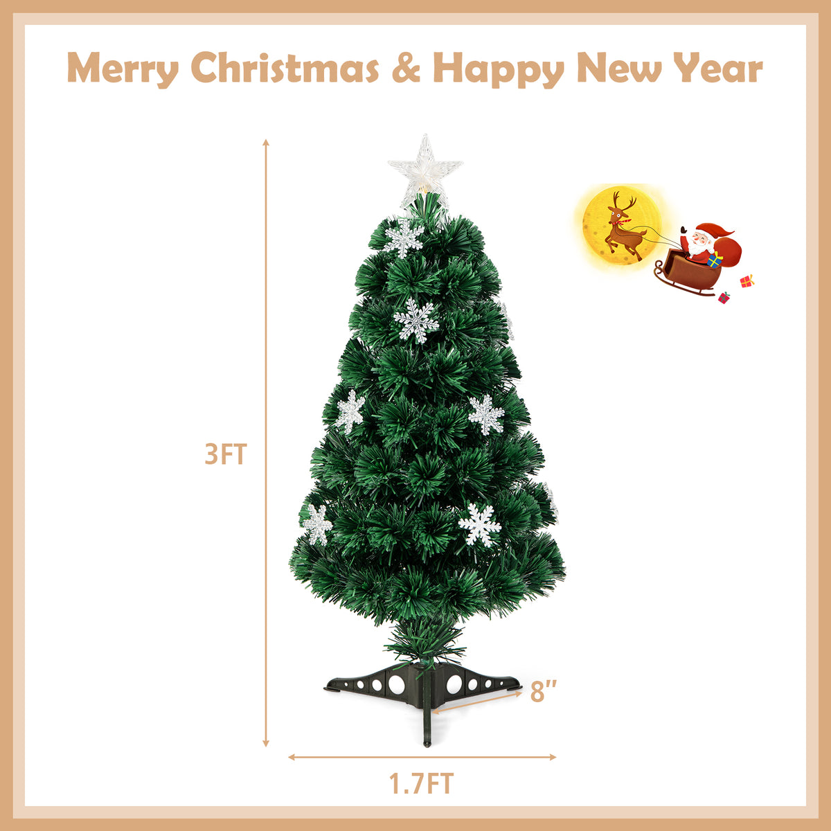 3FT Pre-Lit Optical Fiber Christmas Artificial Tree with Multicolor LED Lights and Snowflakes