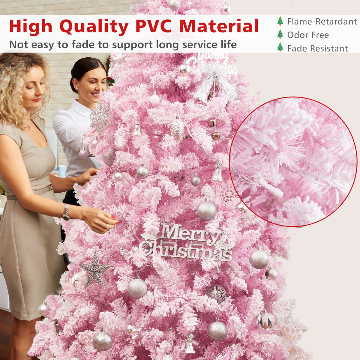 7.5 FT Pre-Lit Artificial Christmas Tree with Snow Flocked Pink Leaves