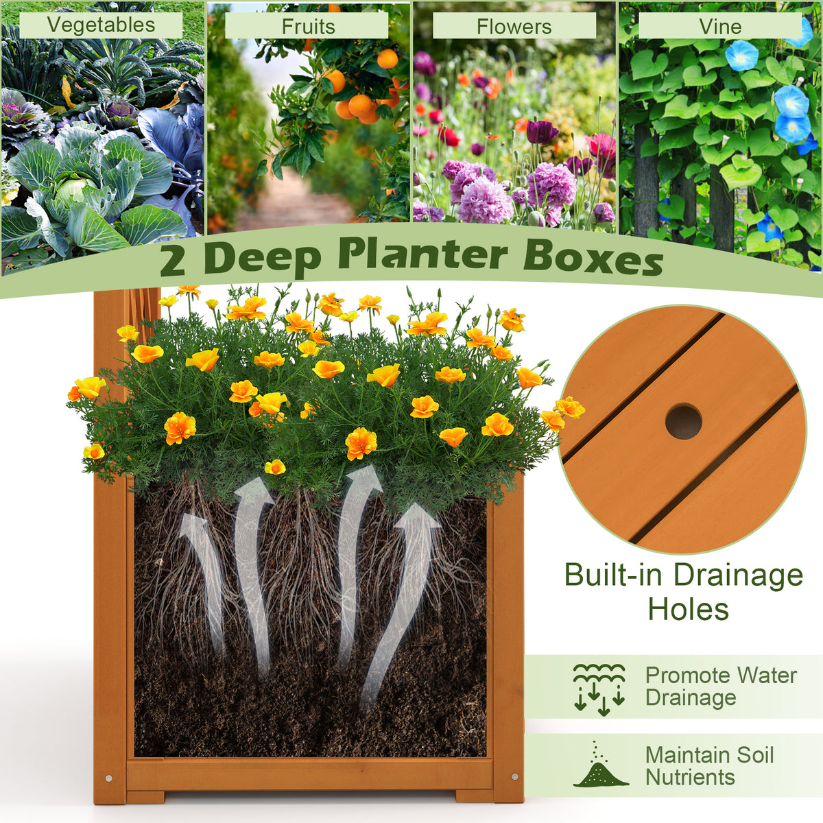 Wooden Garden Arbor with Planter Boxes, White Trellis Archway for Climbing Plants & Decorations
