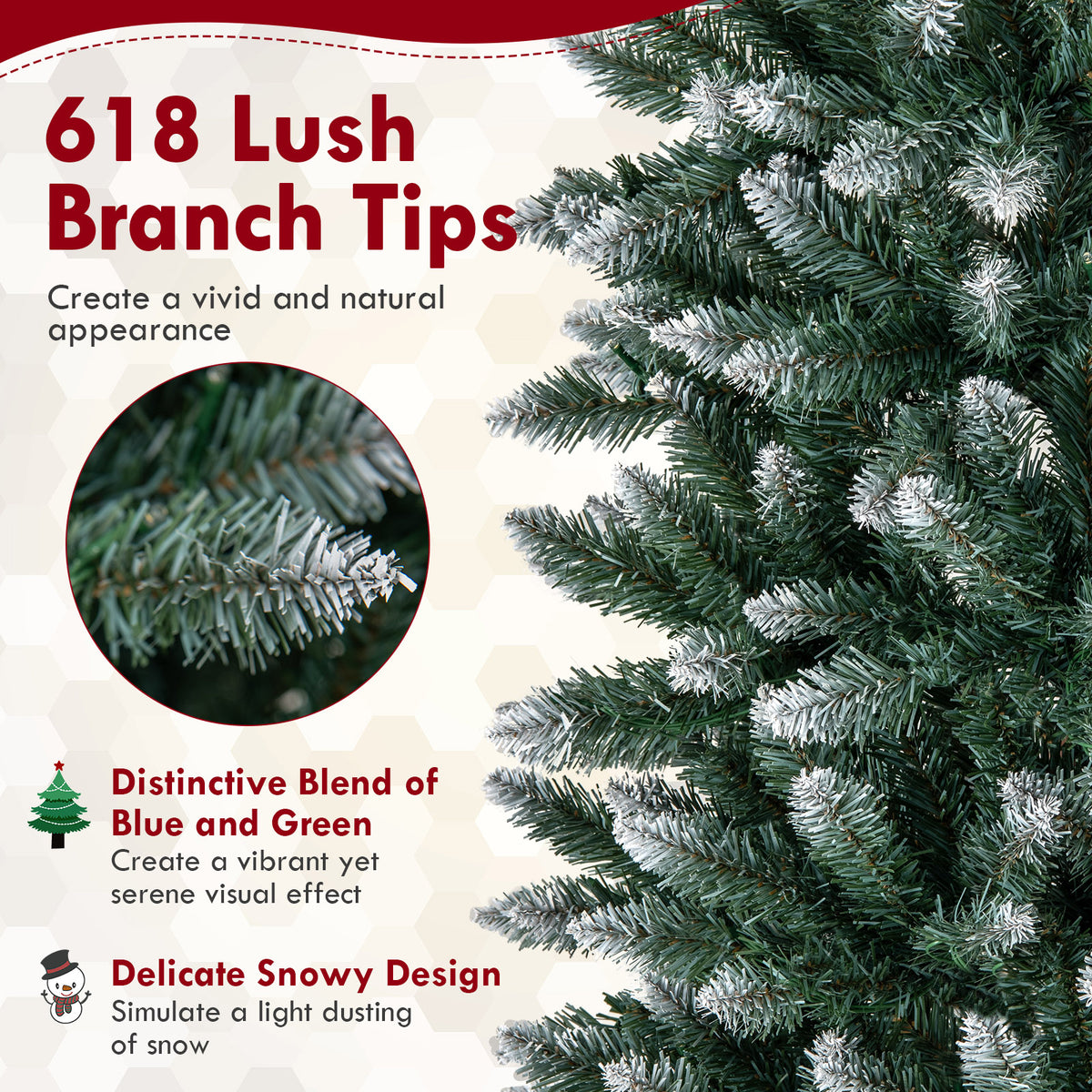 6FT/9FT Pre-Lit Pencil Christmas Tree, Snowy Artificial Christmas Tree with 1298 Branch Tips & 500 LED Lights