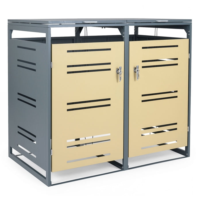 Outdoor Metal Garbage Bin Storage Shed for 2 Trash Cans, 1.24 m3 Double Trash Can Enclosure with Gas Strut &amp; Shock Absorber