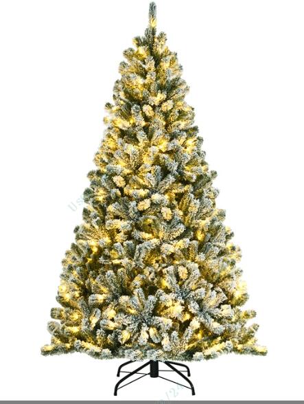 7/6/8 FT Snow-Flocked Artificial Christmas Tree, Pre-lit Xmas Tree