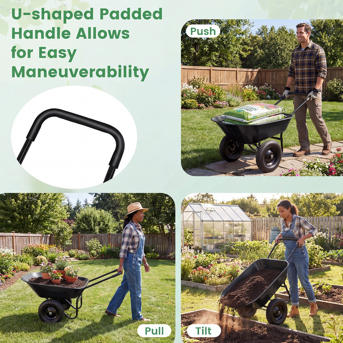 Garden Cart Wheelbarrow, 2-Wheel Outdoor Trolley with Metal Frame, 14" Pneumatic Tires