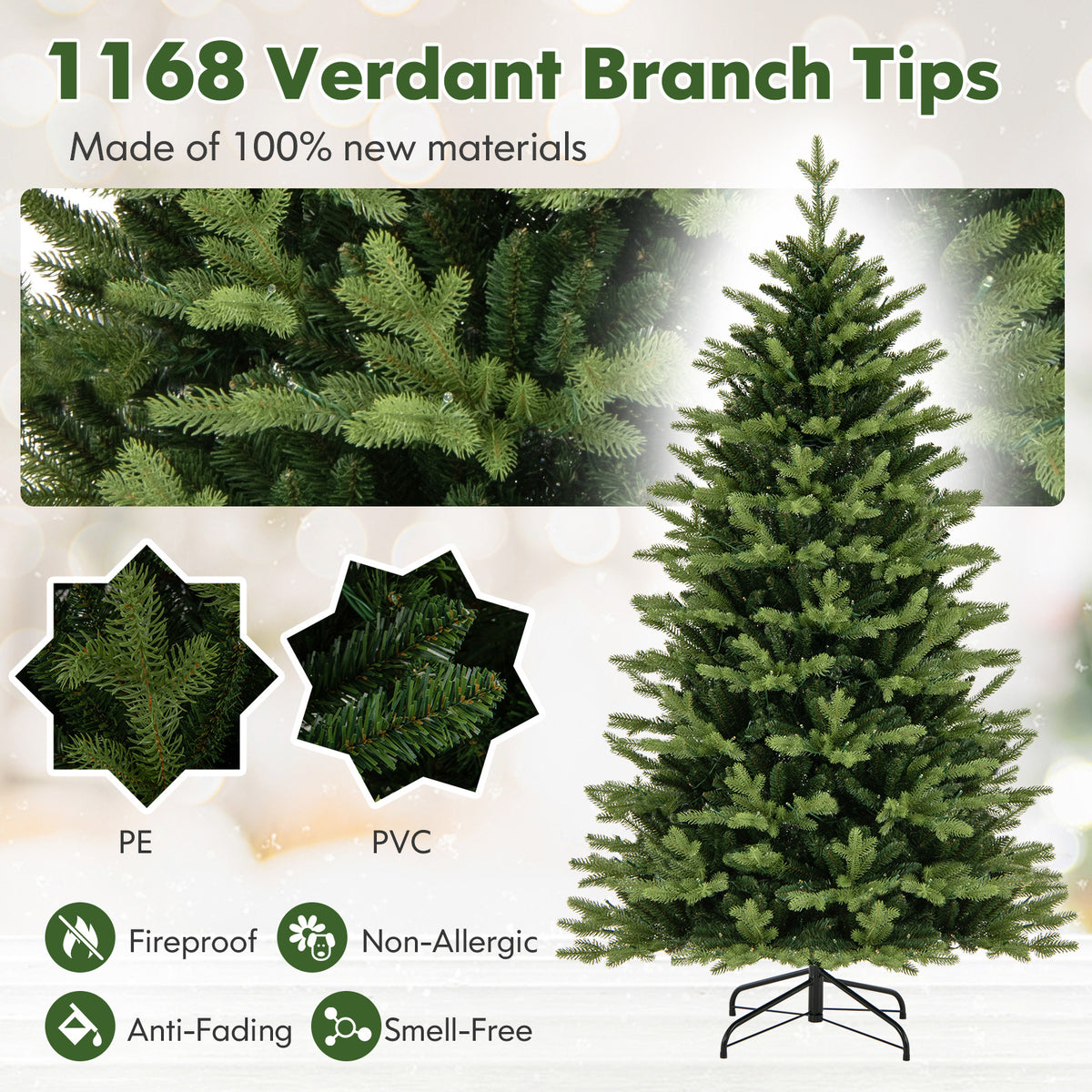 6FT Prelit Artificial Christmas Tree, Hinged Christmas Tree with 350 LED Lights